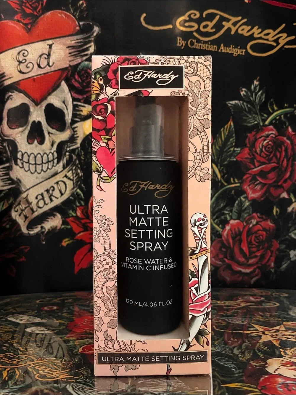 Ed Hardy Ultra Matte Setting Spray - Black & Pink Packaging